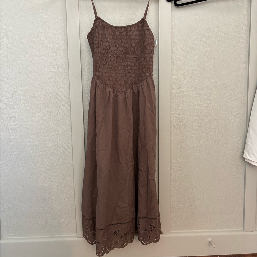 American Eagle Brown Smocked Midi Dress Cottagecore Eyelet Hem Small